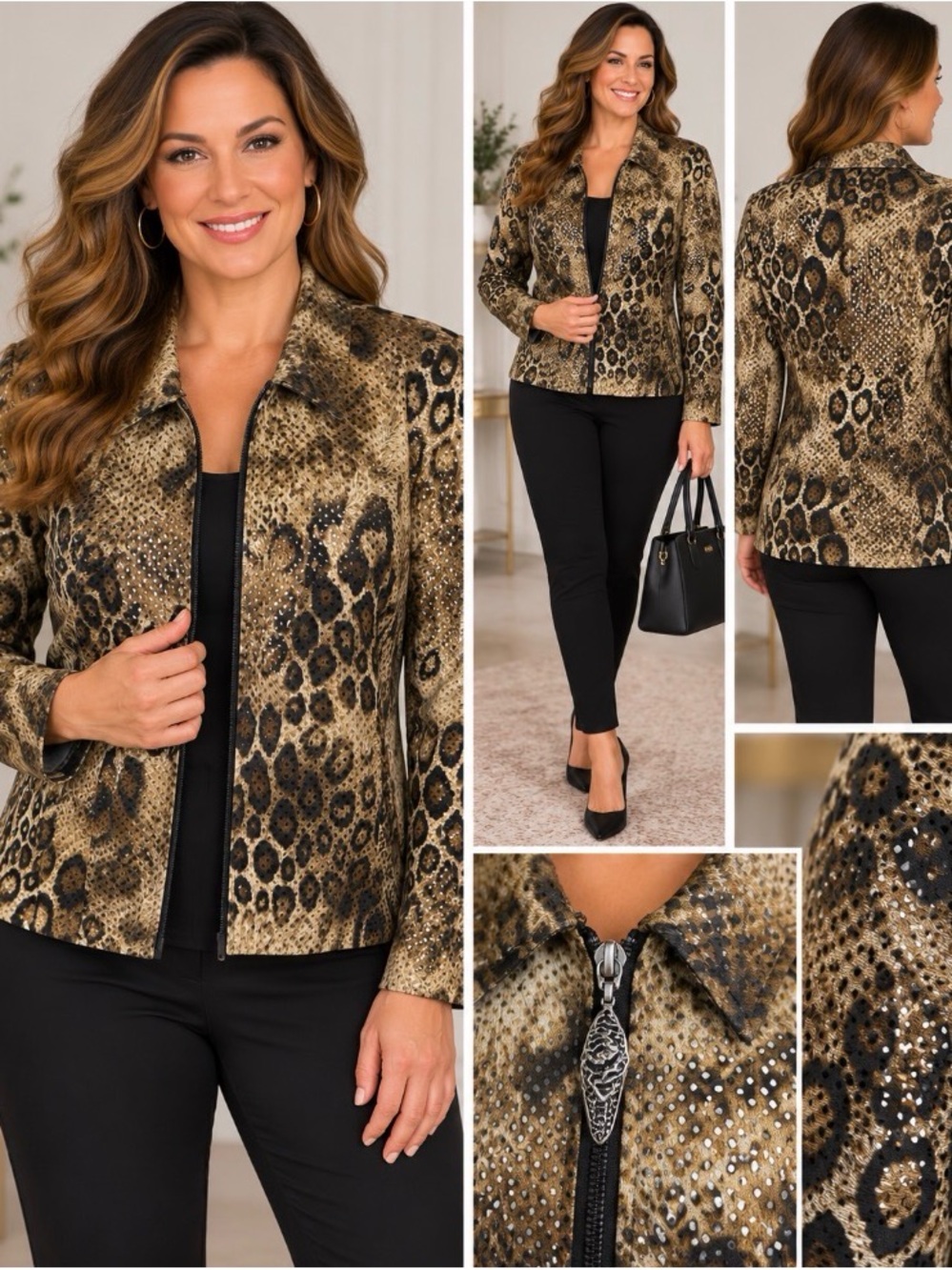 Vintage Joseph Ribkoff Leopard Shimmer Zip Jacket Animal Print